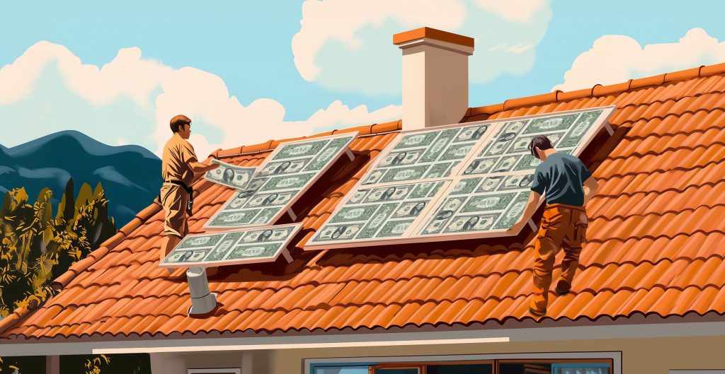 Illustration of two people installing solar panels made of dollar bills on a house roof. Blue skies, clouds, and mountains enhance the scene, symbolizing the financial benefits and potential when you drill down into home energy storage solutions.