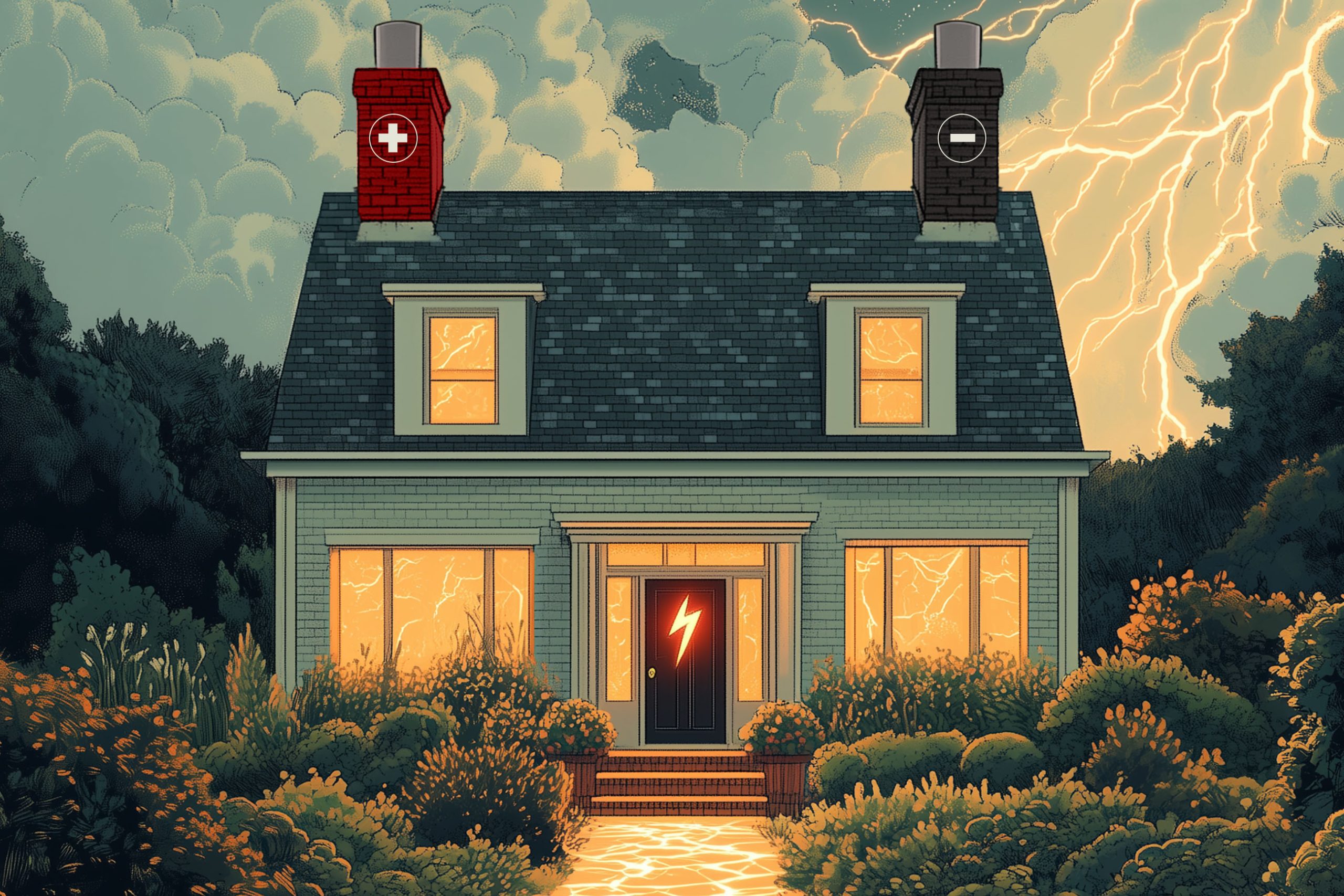 A house with two chimneys, one featuring a plus sign and the other a minus, symbolizes energy storage. Lightning strikes the cloudy sky while windows glow with electricity. Bushes surround the walkway, illuminated by bright light, hinting at innovative home energy storage solutions.