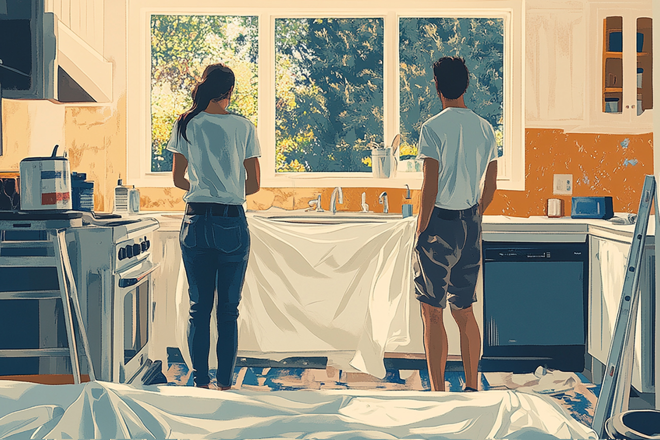 A man and woman stand in a kitchen, both wearing casual clothes. They gaze toward a large window with trees visible outside. Drop cloths cover the floor and counters, pointing to trending home improvement work that echoes the industry's future of stylish renovations.