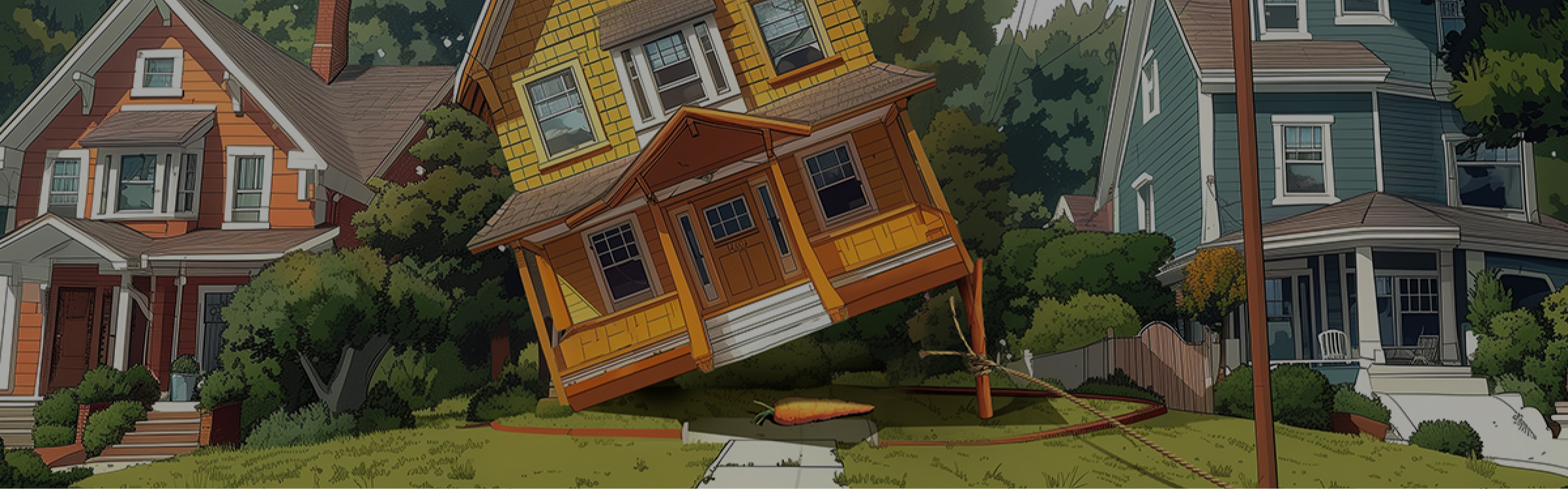 A whimsical house standing on its corner, appearing to balance on a twisted bent pole anchored to the ground. It's surrounded by neatly landscaped lawns and flanked by other traditional houses under a sunny sky.