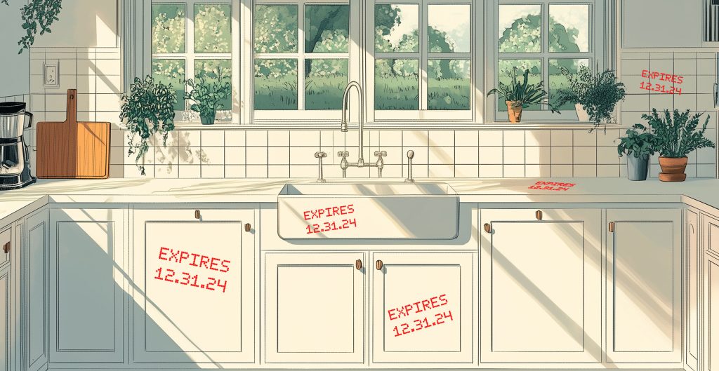 A sunny kitchen with windows showcasing greenery outside. Cabinets and drawers are labeled with "EXPIRES 12.31.24" in red text, a nod to efficient home energy storage. The space boasts a modern, clean design with small potted plants on the windowsill.