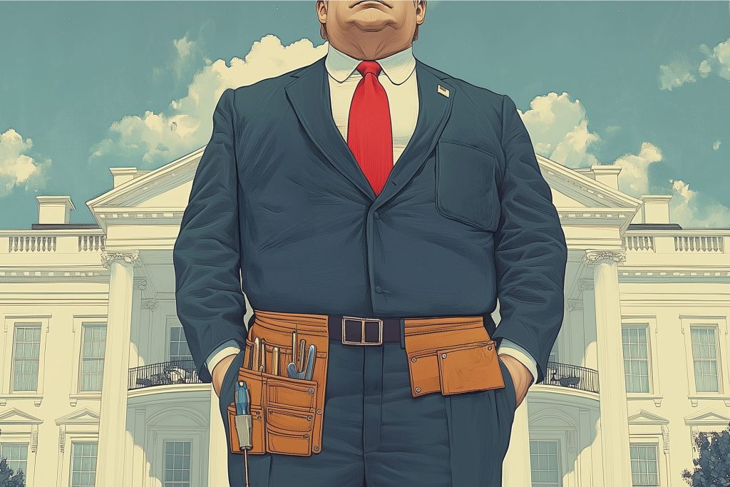 A man in a suit with a red tie stands in front of a large white building, his tool belt—complete with tools and home energy storage solutions—symbolizing a blend of business and manual labor. The sky is clear with a few clouds.