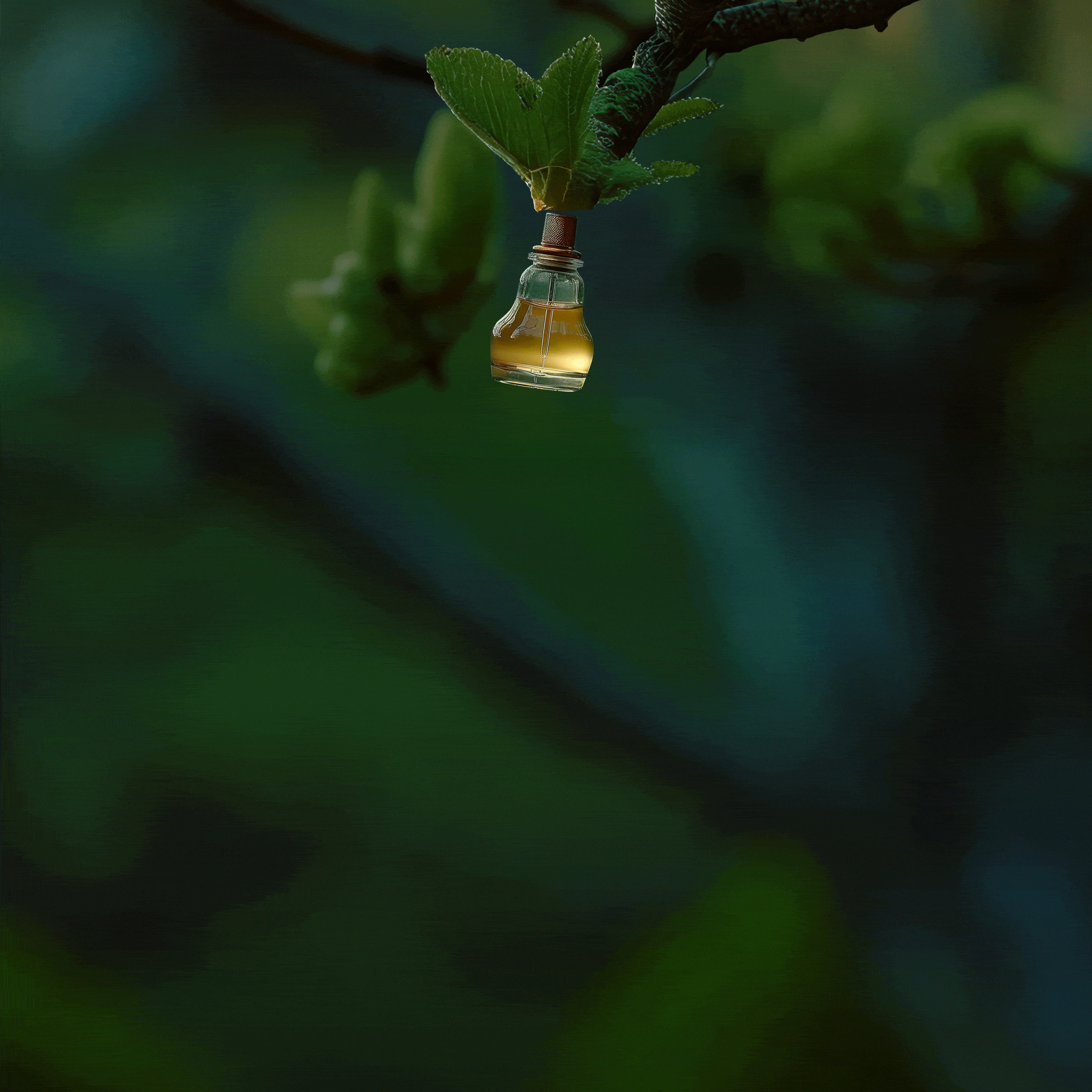 A tiny glass bottle filled with amber liquid hangs from a tree branch against a dark green, blurred background, creating a mystical atmosphere.