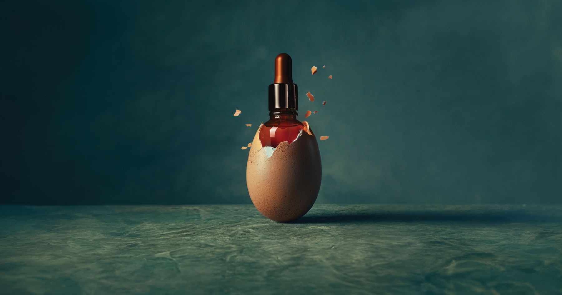 A glass dropper bottle emerges from a cracked brown egg on a textured green surface, embodying the merging essence of Cohere Beauty. The shaded gradient background enfolds the surreal and intriguing composition.