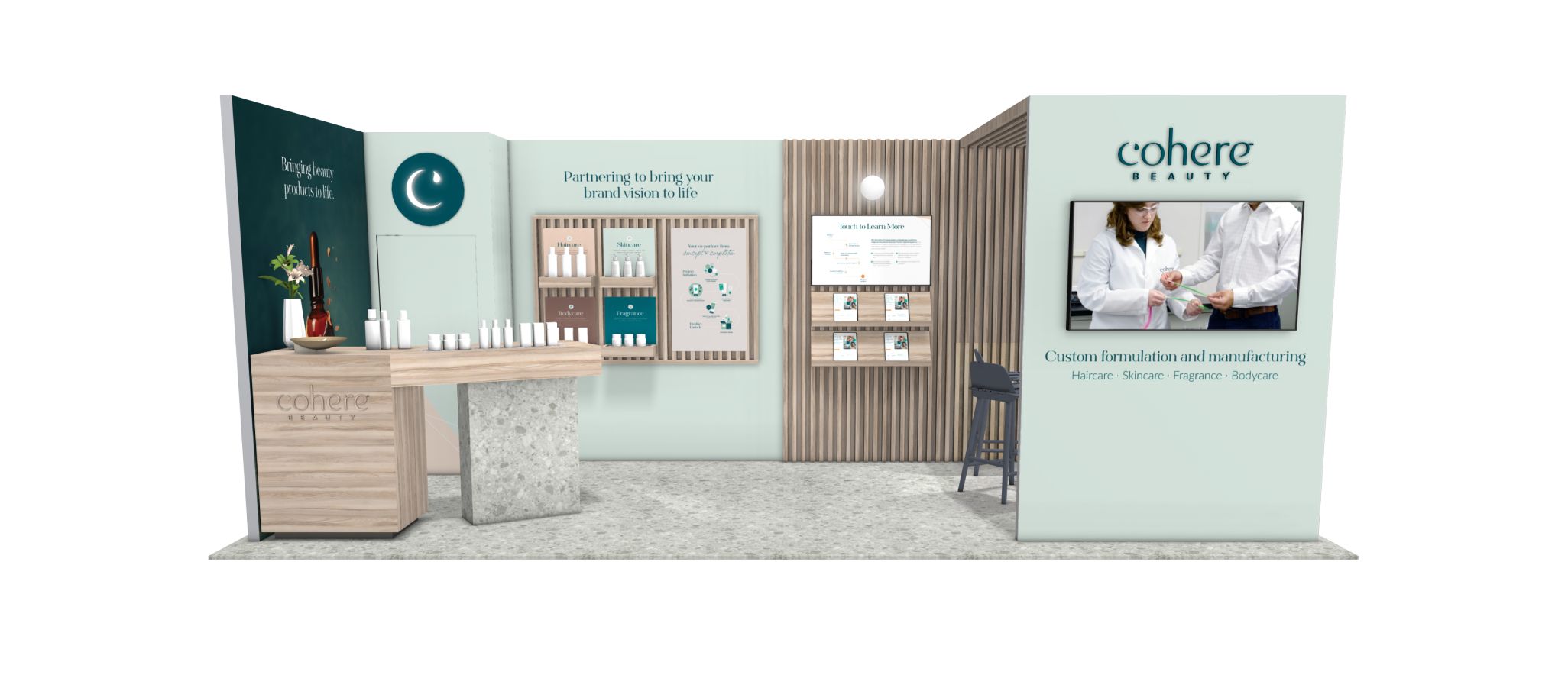 A beauty brand exhibition booth showcasing skincare products on countertops and shelves. The design features a soothing pastel color scheme with a company logo and informational display screens. A seating area is positioned to the right.