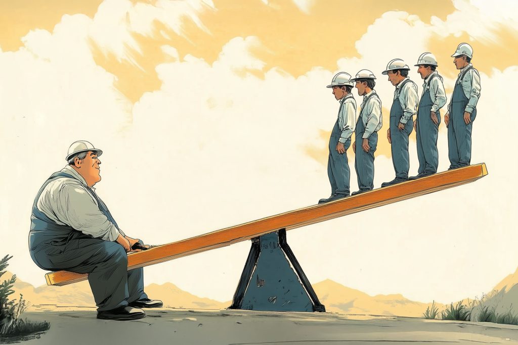 A seesaw on uneven ground: on one side, a large man sits alone, outweighing the opposite side where five smaller workers in hard hats stand together, illustrating disparity in labor contribution or economic imbalance akin to the gap between a big house and a small house.