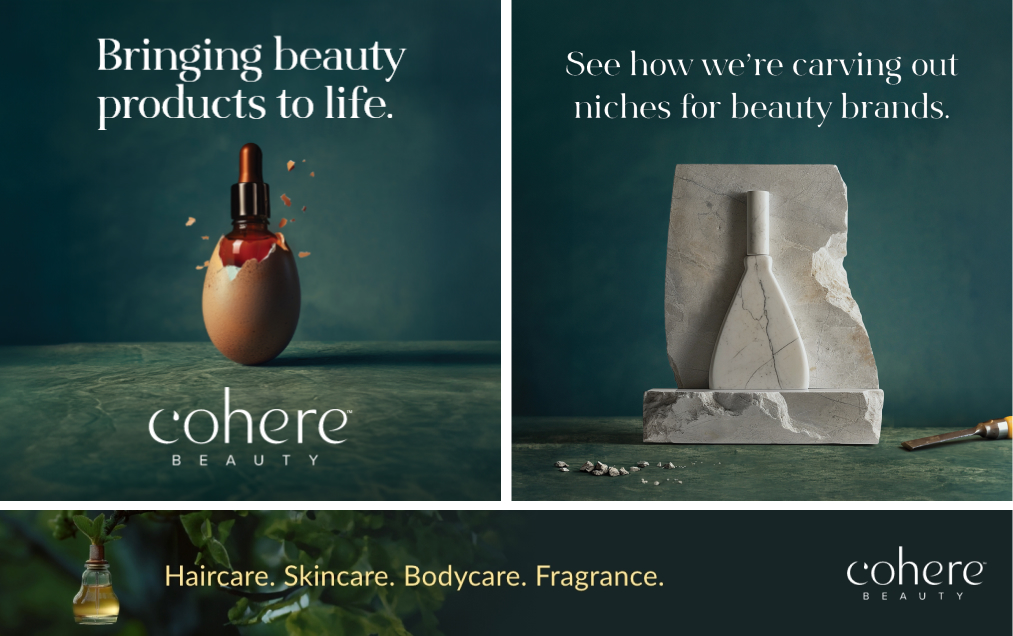 Collage image for Cohere Beauty, featuring a beauty serum dropper emerging from a stone on the left, and a carved stone sculpture with a bottle imprint on the right. Text: "Bringing beauty products to life" and "See how we're carving out niches for beauty brands.