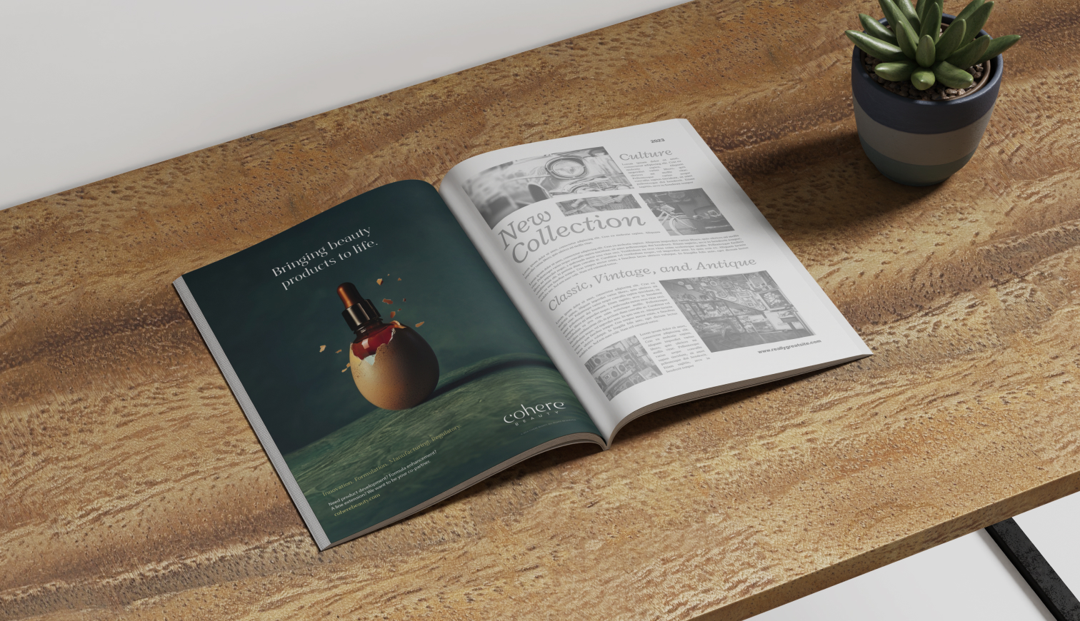 An open magazine on a wooden table. The left page displays a beauty product ad featuring a bottle with a gold top and the text "Bringing beauty possibilities to life." The right page highlights collections and articles about culture and antiques. A small potted plant is visible to the side.