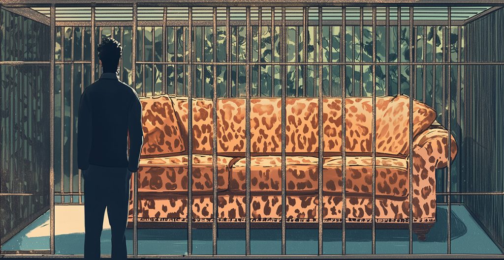 A person stands outside a large cage containing a plush, leopard-print sofa. The setting is indoors, with a leafy pattern behind the couch. This scene captures 2025's hot trends, blending opulent luxury with an avant-garde sense of confinement.