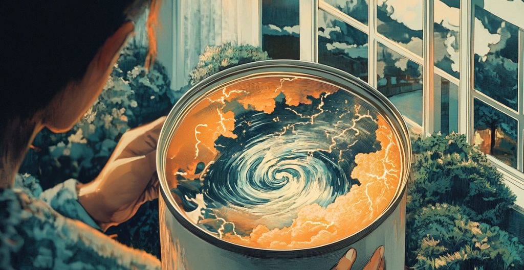 A person holds a paint can with a swirling, stormy sky inside, echoing the hot trends of 2025. The sky brims with clouds and lightning. In the background, a garden and a building with large windows reflect the dramatic scene.