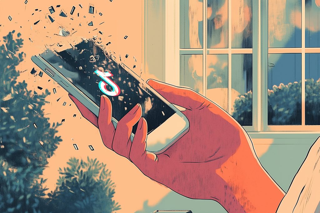 Illustration of a hand holding a smartphone with the TikTok logo, seemingly disintegrating into small fragments as if it's hot from overuse. A window reveals trees and clear skies in the background, casting a warm, natural light reminiscent of 2025's digital evolution.