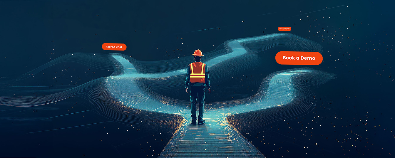 A person in a hard hat and high-visibility vest stands on a glowing path that splits into three directions, symbolizing streamlined CRM strategies. Orange buttons labeled "Start a Chat," "Follow," and "Book a Demo" hover in the sky against a backdrop of digital elements, reminiscent of an innovative marketing hub.