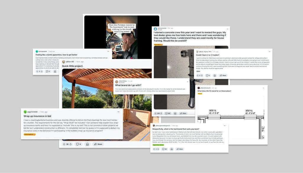 A collage of social media posts, inspired by Reddit discussions, showcases DIY projects like a pergola and tools. Each post features vibrant text interactions and comments, with likes and engagement icons that preview the future of Pro Marketing in crafting.