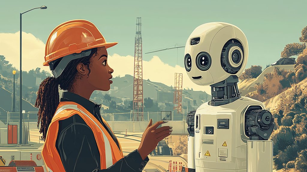 Amidst cranes and hills under a clear blue sky, a person in a construction helmet and safety vest converses with a humanoid robot on the site—a glimpse into the future of building.