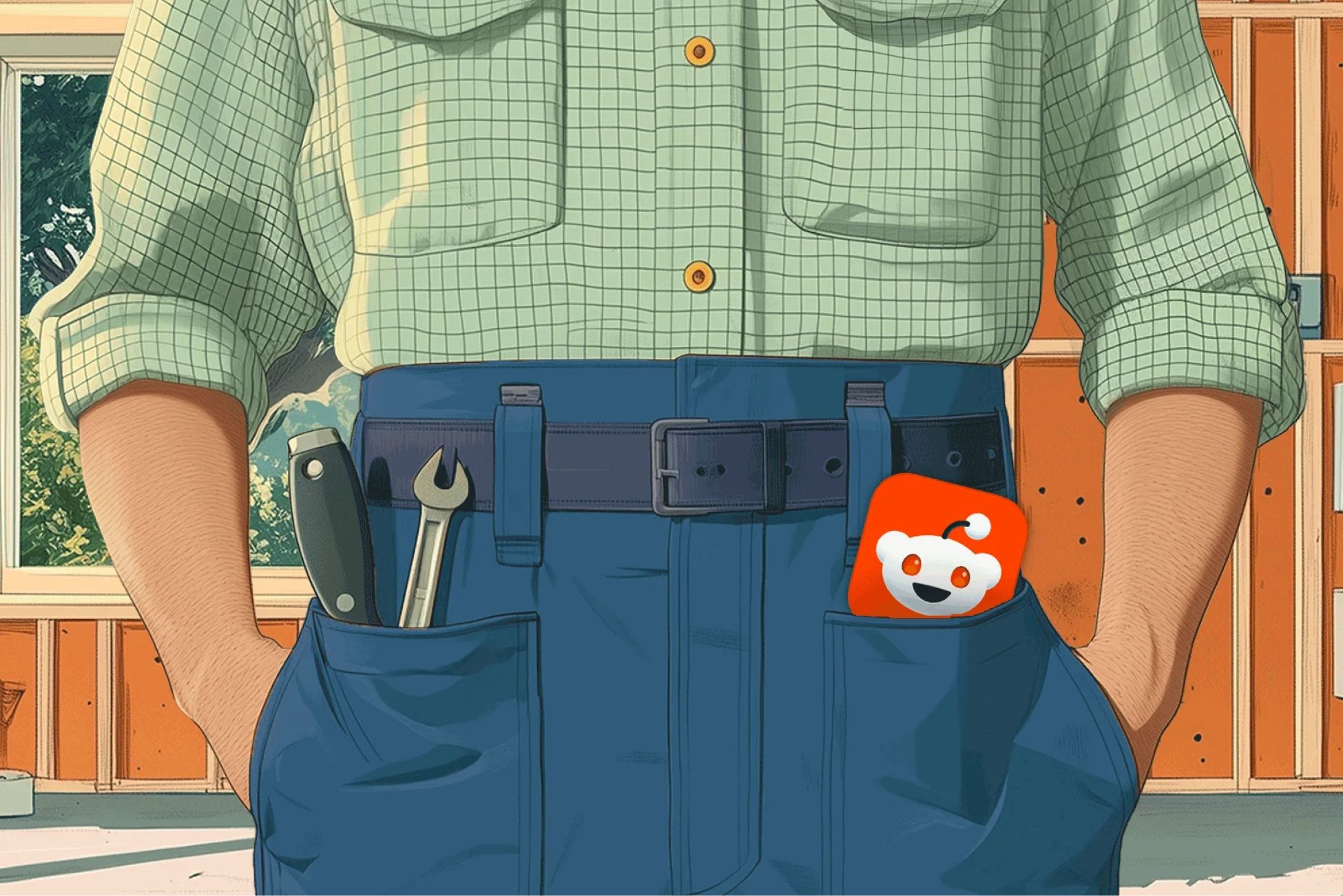 A person in a green plaid shirt and blue pants stands with hands in pockets. The right pocket holds a knife, wrench, and a red object adorned with the Reddit icon. Behind them is the partially built structure of what could be a marketing expert's future office space.