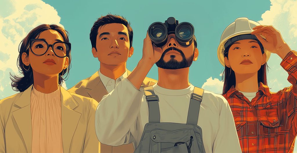 Four individuals stand side by side, gazing upward with serious expressions. One holds binoculars, another sports a hard hat from KBIS, and two are dressed in professional attire. The sky is blue with scattered clouds, setting the scene for a thoughtful drill down into their observations.