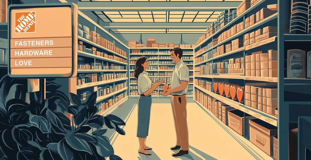 A couple stands in a warmly lit hardware store aisle, surrounded by shelves filled with various products. A sign lists "Fasteners," "Hardware," and "Love." Engaged in a heartfelt conversation, they drill down into their shared passion for home projects.