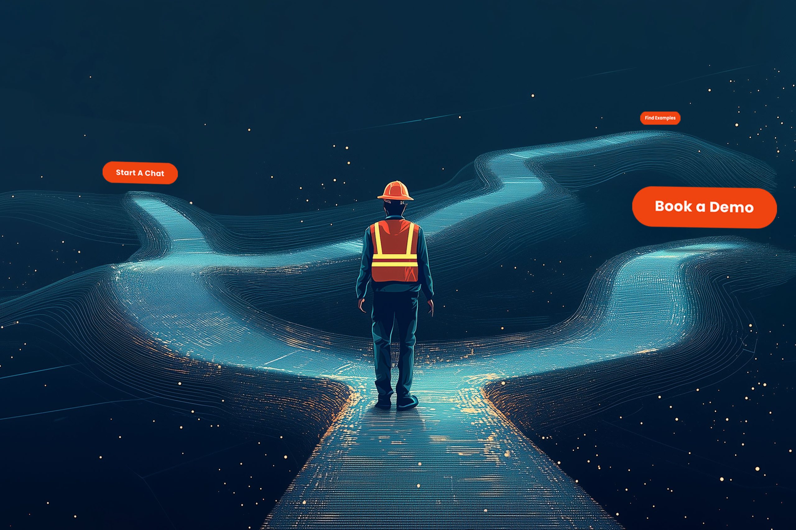 A person wearing a hard hat and reflective vest stands at a glowing fork in the road, contemplating their CRM options. Orange buttons labeled "Start a Chat" and "Book a Demo" shine brightly in the night sky, symbolizing pivotal marketing choices.