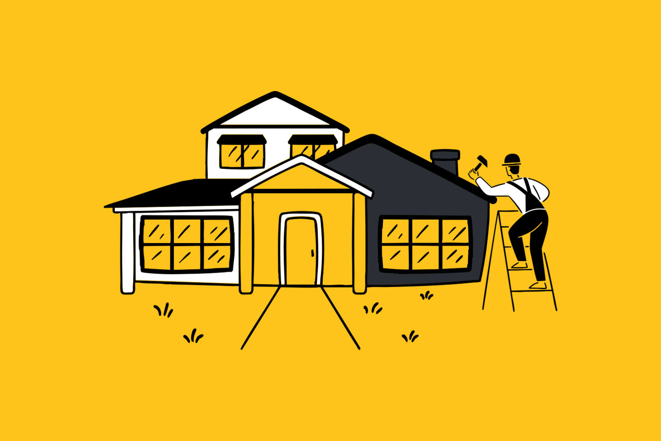 Illustration of a house with two attached sections, one white and one black, against a yellow background. A person stands on a ladder, hammering on the black section—an echo of modern home renovation trends. The ground is minimalistic, adorned with small grass patches.