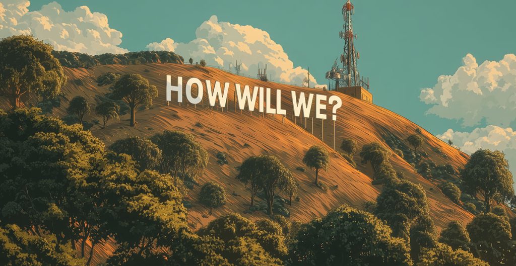 Large white letters on a hillside spell "HOW WILL WE?" above trees, resembling the Hollywood sign. A radio tower stands nearby beneath a blue sky, questioning the future of luxury housing.