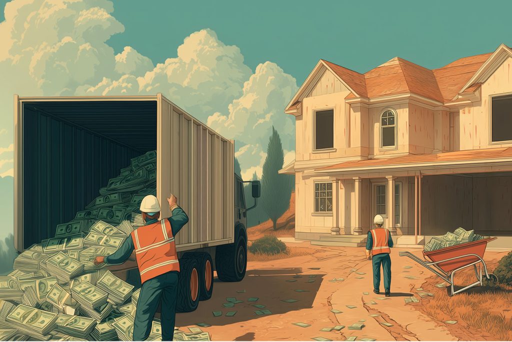 Two construction workers in safety vests unload a truck full of cash in front of a large, unfinished luxury house, with bills scattered on the ground and a wheelbarrow loaded with money nearby.