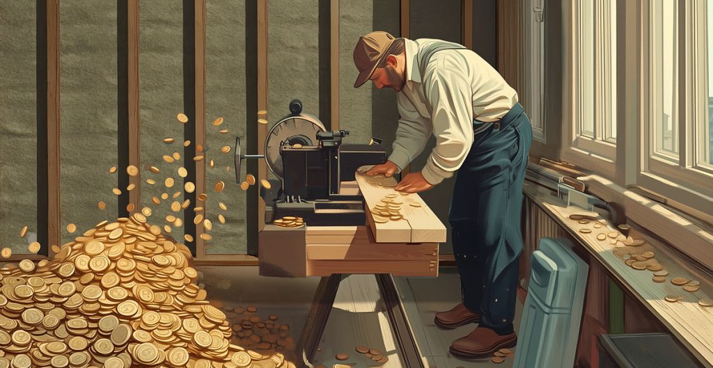 A man in construction work clothes uses a woodworking machine that produces round gold coins instead of shavings, with a large pile of coins on the floor in his sunlit workshop.