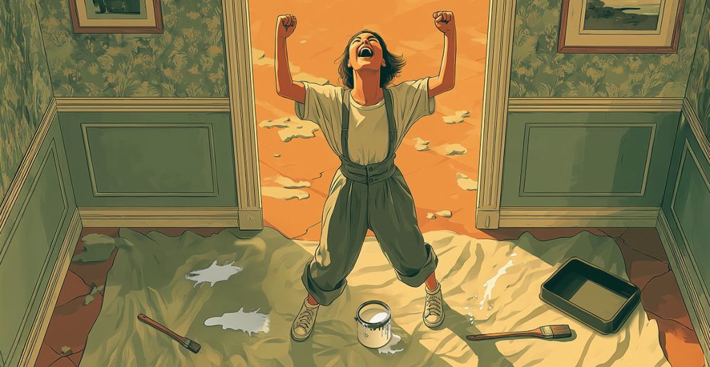 A person stands triumphantly in a small room, fists raised and head tilted back, surrounded by construction supplies and spilled white paint on a drop cloth covering the floor. The scene is brightly lit and energetic.