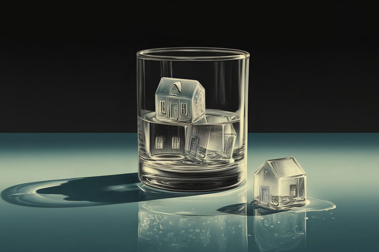 A glass of water with ice cubes shaped like miniature houses inside and one melting house-shaped ice cube outside, symbolizing construction and resilience, casting reflections and shadows on a smooth surface.