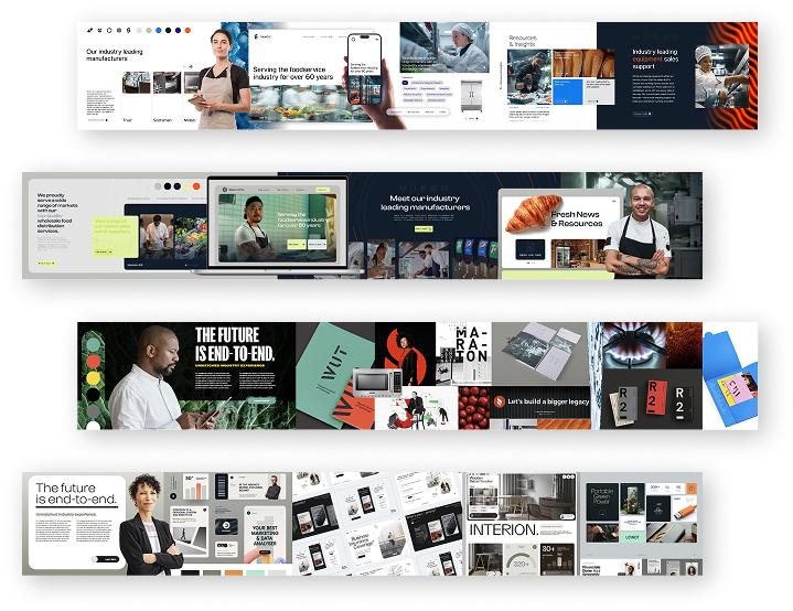 A collage of eight website homepage designs, each featuring images, text, and various layouts, showcasing different industries such as technology, manufacturing, blogging, retail, and design.