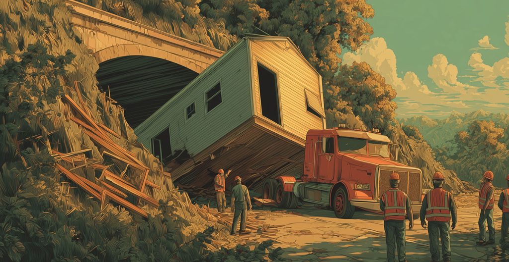 A large trailer is stuck under a tunnel, partially collapsed and blocking the road. Several workers in safety vests and hard hats stand nearby, assessing the situation as a red semi-truck is attached to the trailer—a rare scene in bustling real estate zones.