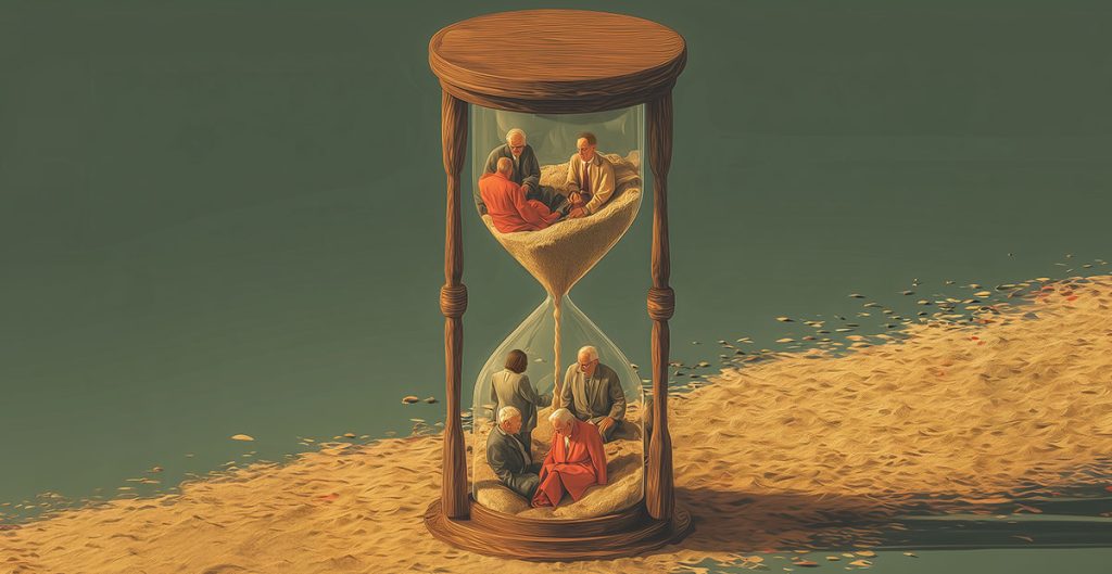 A surreal illustration of people sitting and talking inside an hourglass, with sand gradually falling—symbolizing the passage of time, human interaction, and shifting dynamics in the housing market.