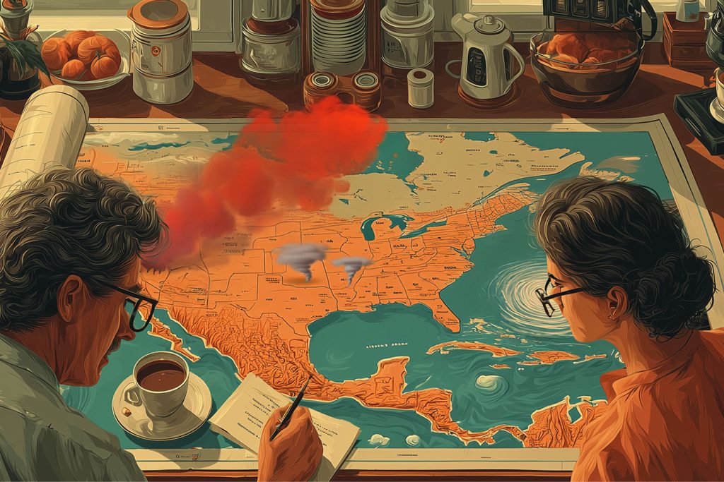 Two people study a large map of the U.S. on a table, coffee and breakfast nearby. The map shows disasters—red smoke, storm clouds, and a hurricane—hinting at how real estate and housing trends might be affected across the country.