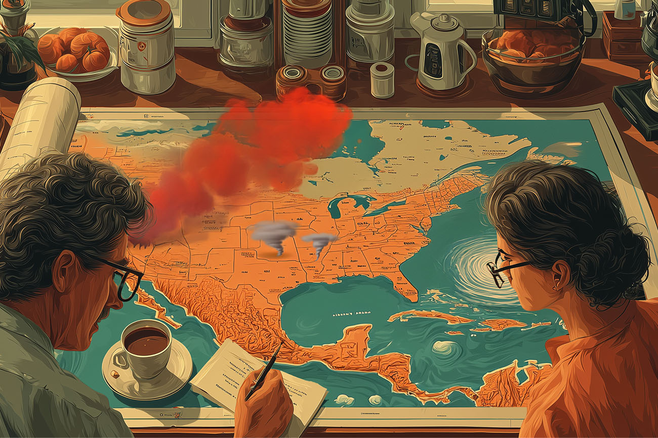 Two people study a large map of the U.S. on a table, coffee and breakfast nearby. The map shows disasters—red smoke, storm clouds, and a hurricane—hinting at how real estate and housing trends might be affected across the country.