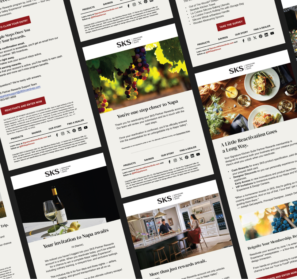 A collage of promotional emails from SKS, featuring images of wine, grapes, vineyards, meals, and kitchens, with headlines about visiting Napa, rewards, and membership reactivation.