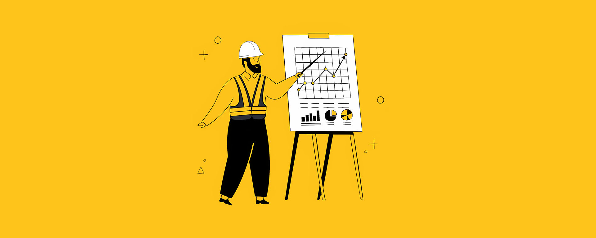 Illustration of a person wearing a hard hat and safety vest, pointing at a large presentation board with charts and graphs on home renovation trends, set against a yellow background.