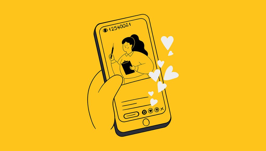 Illustration of a hand holding a smartphone showing a smiling woman on screen with a pen and notebook, floating heart icons, and a yellow background—perfect for discussing lead generation tools in creative industries.