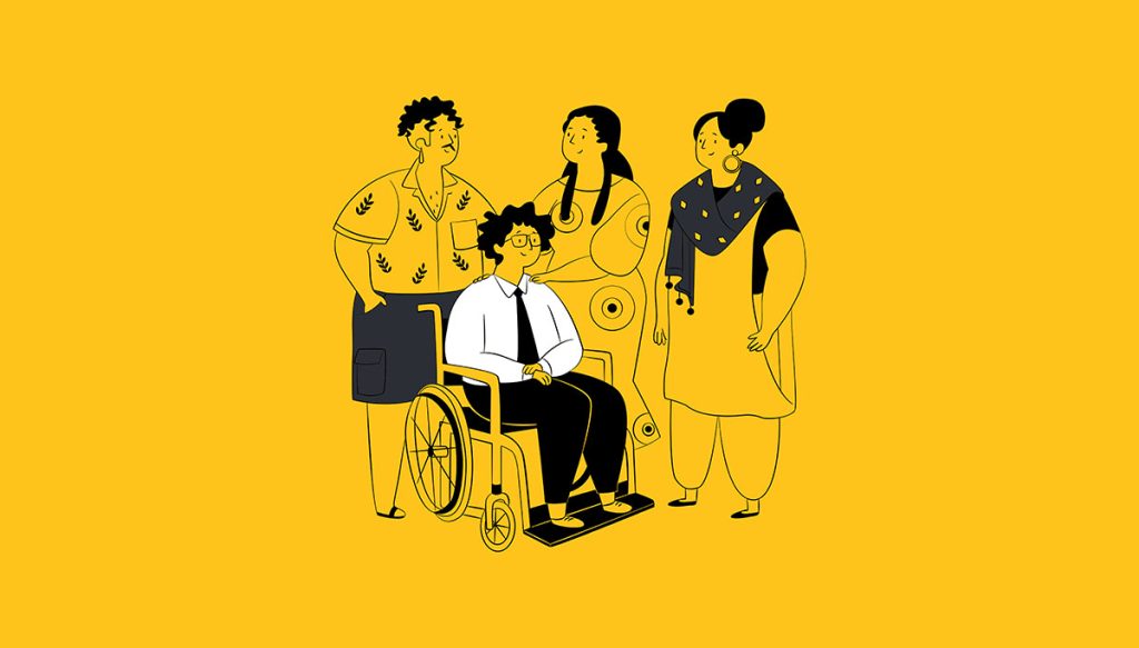 Illustration of four people on a yellow background, including one person in a wheelchair and three standing people gathered around, depicting diversity and inclusion—perfect for showcasing inclusive home renovation trends.