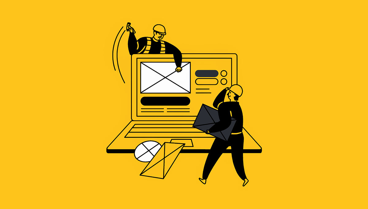 Illustration of two masked figures in hard hats stealing data from a large laptop, with an oversized mouse and envelope on the ground—highlighting how even home renovation trends can become targets for cybercrime or online theft.