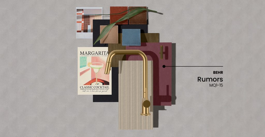 A flat lay of interior design materials: tiles, a green leaf, a “Margarita Classic Cocktail” print, a gold faucet, and a label reading “BEHR Rumors MQ1-15” on a mauve sample—highlighting the latest paint trends for a special edition look.