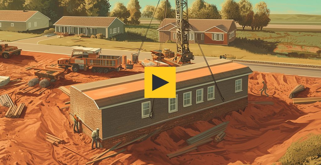 Construction workers install a modular home on a reddish dirt lot using heavy cranes and trucks, sparking conversation in the neighborhood market as suburban houses and trees frame the scene. A yellow play button overlays the image’s center.