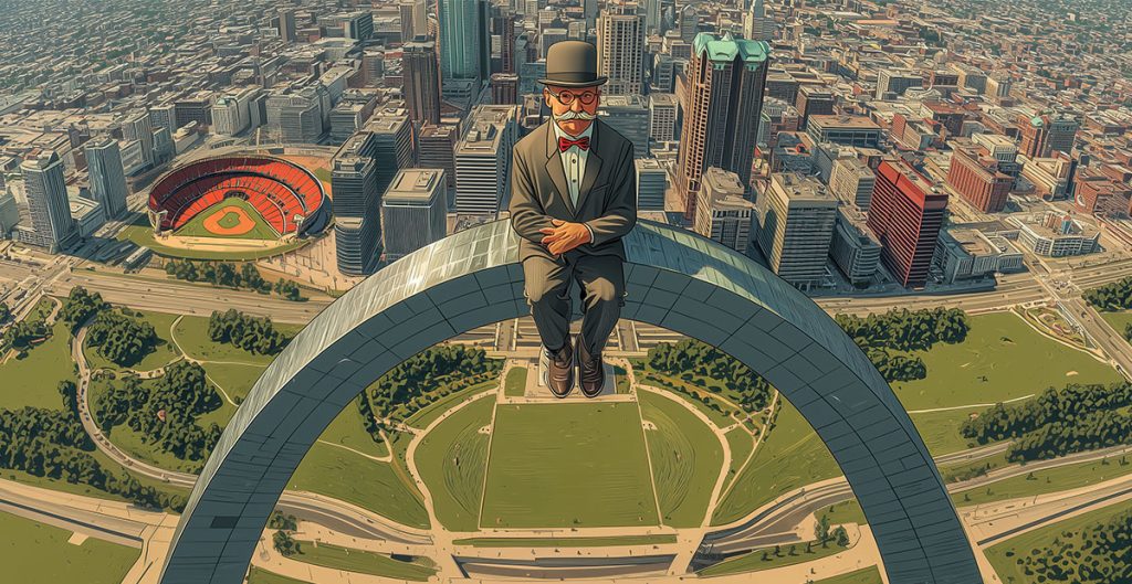 A man in a suit, top hat, and glasses sits atop the Gateway Arch, high above downtown St. Louis, ready to change the conversation in the market as the city skyline and baseball stadium unfold below.
