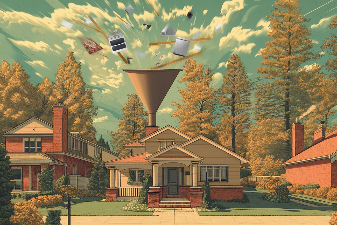 A funnel above a house collects various household objects, swirling in the market sky. The house, surrounded by trees and neighboring homes under a partly cloudy sky, creates a surreal, autumn setting.