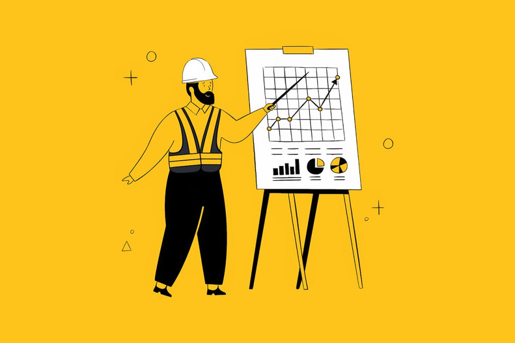 Illustration of a construction worker in a hard hat and safety vest pointing at a presentation board with graphs and charts on home renovation trends, set against a yellow background.