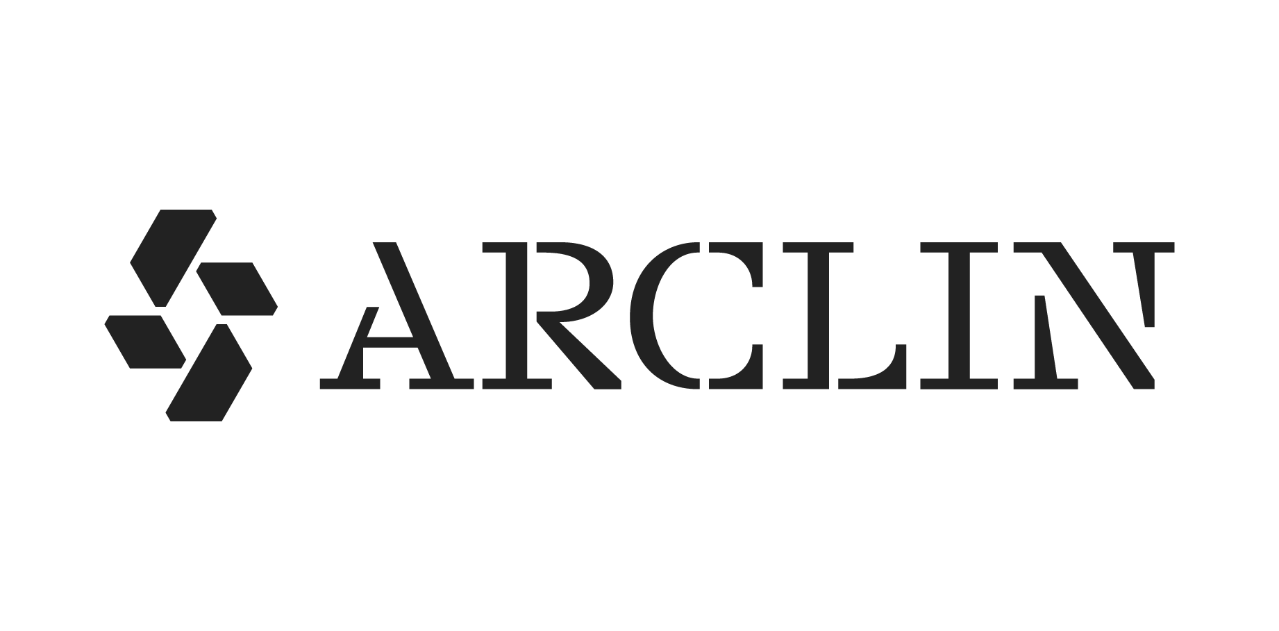 Logo with three black geometric hexagons forming an abstract shape to the left of the word “ARCLIN” in bold, uppercase, serif letters. The design is on a light gray background.