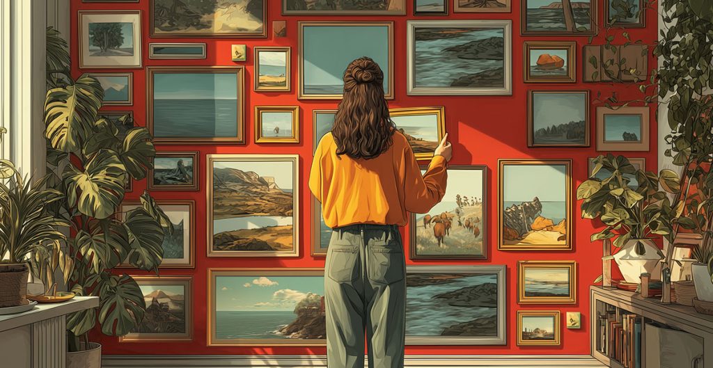 A woman with long brown hair stands facing a red wall covered in framed landscape paintings. Surrounded by plants and sunlight, she holds one painting, adding a personal touch that sets her space apart from the usual cookie-cutter designs homeowners see.