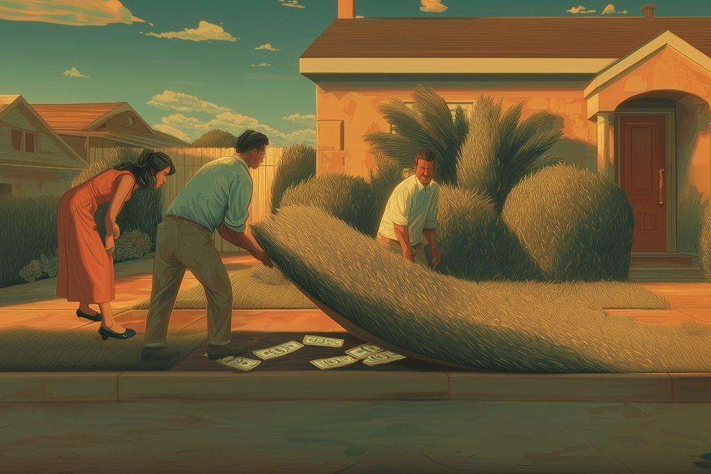 Three homeowners in front of a house lift a section of grass like a carpet, revealing cash underneath. The warm, evening light enhances the suburban yet surreal atmosphere, challenging the idea of cookie-cutter neighborhoods.