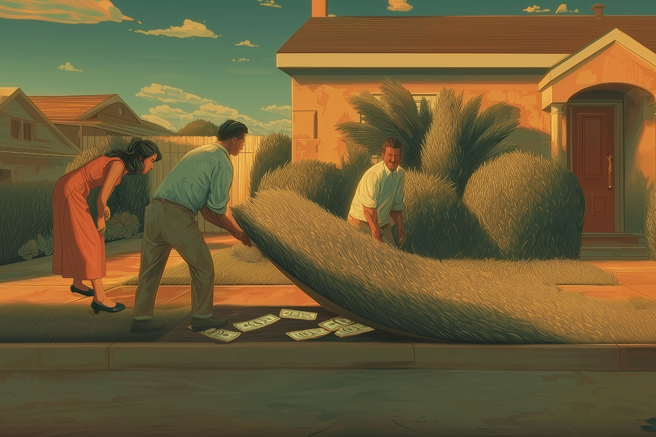 Three homeowners in front of a house lift a section of grass like a carpet, revealing cash underneath. The warm, evening light enhances the suburban yet surreal atmosphere, challenging the idea of cookie-cutter neighborhoods.