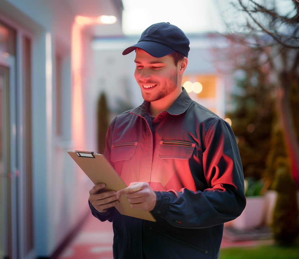 A smiling delivery worker in a dark uniform and cap stands outdoors, holding a clipboard and looking at it, with modern buildings and soft, warm lighting in the background.