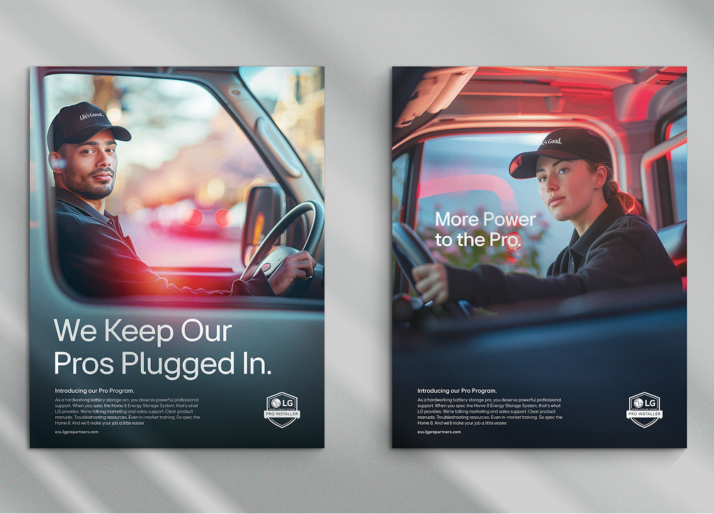 Two posters feature delivery workers in cars wearing black hats and uniforms. The left says, "We Keep Our Pros Plugged In." The right shows a woman and reads, "More Power to the Pro." Both promote the LG Pro Program.