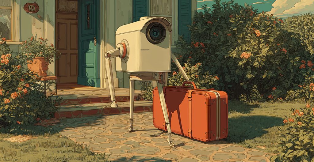 A robot with a camera for a head stands on a stone path, moving an orange suitcase outside a house with green shutters, surrounded by bushes and flowers on a sunny day.